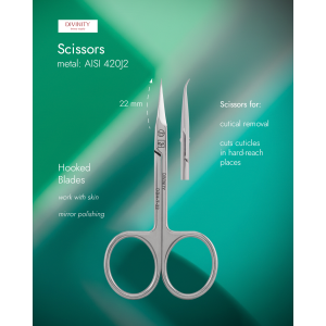 Professional hooked scissors for cuticle, mirror polishing, L-95 mm, blades 22 mm.