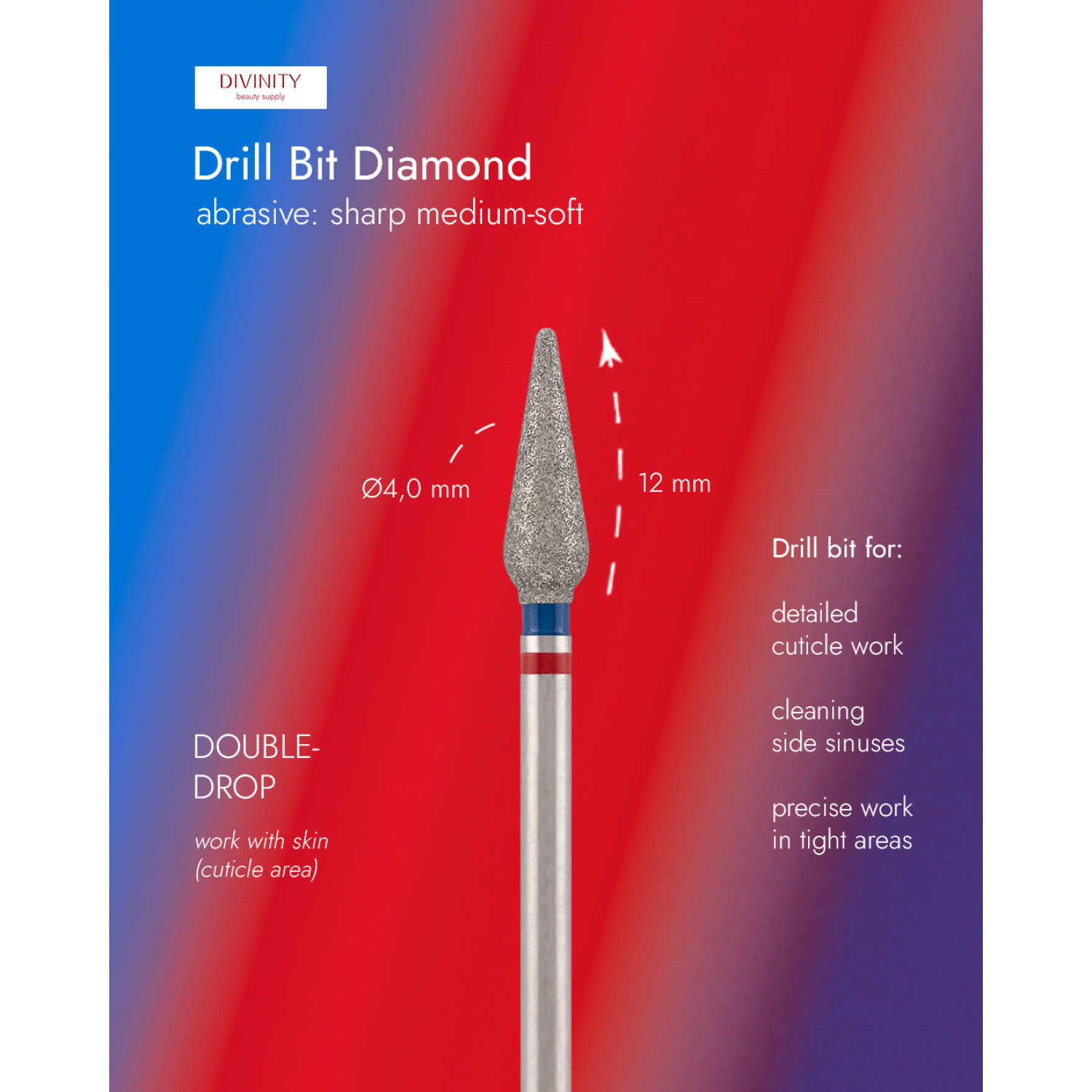Diamond bit "double drop" blue-red, L-12.0 mm, Ø4.0 mm.