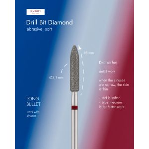 Diamond bit "long bulet" red, L- 15,0 mm, Ø3,1 mm.