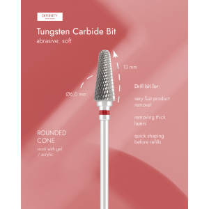Tungsten carbide bit "rounded cone", red, L-13,0 mm, Ø6,0 mm.