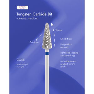 Tungsten carbide bit "cone", blue, L-15,0 mm, Ø6,0 mm.