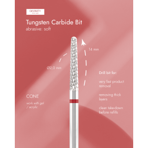Tungsten carbide bit "cone", red, L-14,0 mm, Ø2,0 mm.