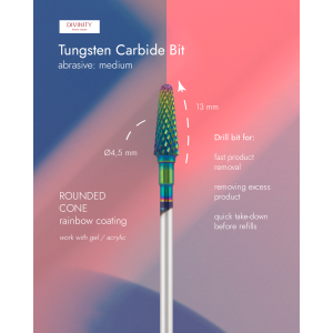 Tungsten carbide bit "rounded cone", blue (rainbow coating), L-13,0 mm, Ø4,5 mm.