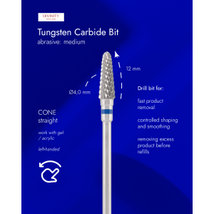 Tungsten carbide bit "cone" straight left-handed, blue , L-12,0 mm, Ø4,0 mm.